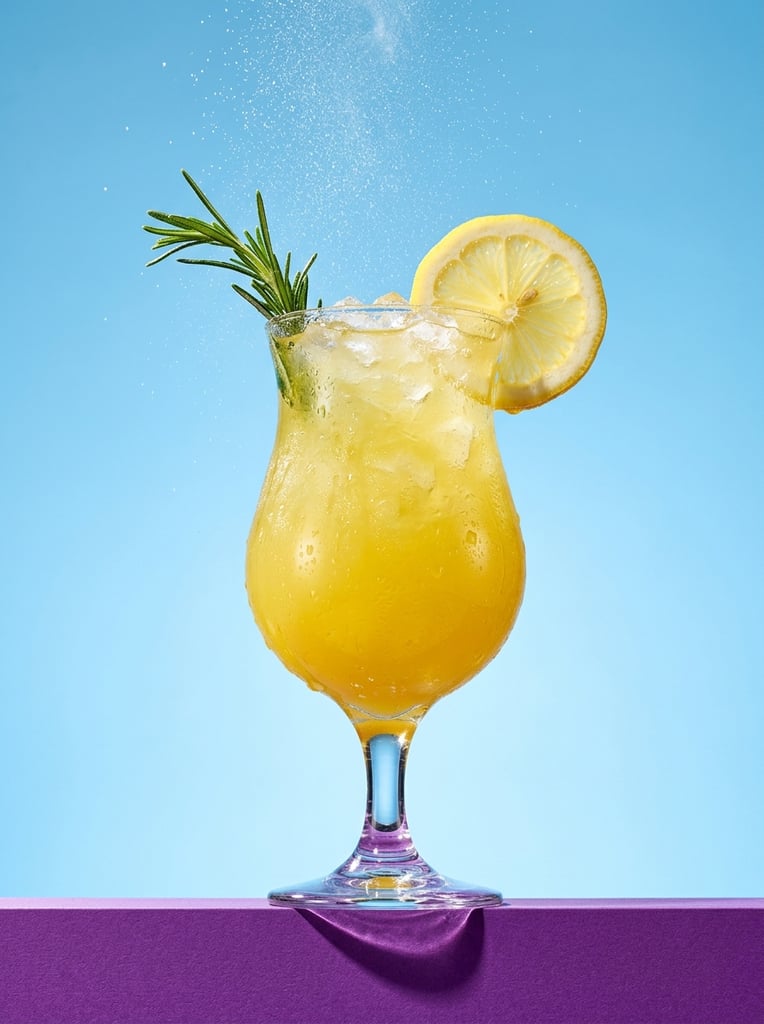 A chilled, vibrant yellow beverage in a curved glass rests on a bold purple surface against a seamless light blue gradient background. The tulip-shaped glass is filled to the brim with crushed ice and a luminous, citrus-yellow liquid. Heavy condensation drops cling to the exterior glass walls, catching bright studio highlights. A translucent round lemon wheel is perched on the right rim alongside a fresh green sprig of rosemary emerging from the top left. Above the glass, a fine mist of tiny droplets is frozen mid-air. The scene is illuminated by crisp, directional studio lighting that casts a sharp, deep shadow from the base of the stemware onto the flat purple ledge, emphasizing the vivid, color-blocked composition and high-contrast commercial photography style.
