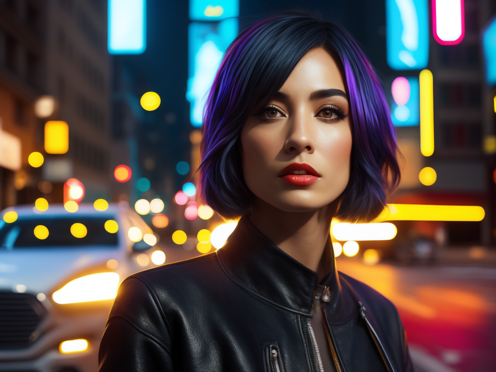 beautiful woman, medium shot, full color photography, very colorful colors in her face, very detailed, high resolution, very short straight hair, black hair, "inverted bob" hairstyle, dark street, colorful neon lights, backlight, synthwave style colors, out of focus cars in the background