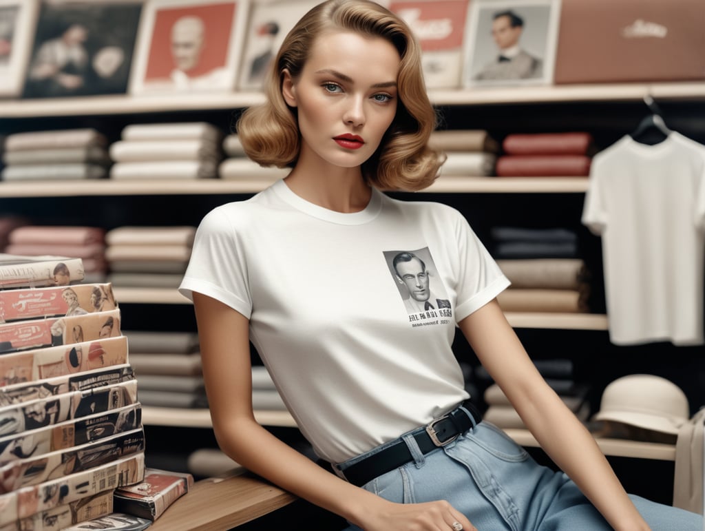 Extremely detailed photographic image, grained image, beautifully composed, monochrome image, 50's fashionable image, fashionable magazine photography, leica summicron 35mm f2.0, kodak 400tx, fashion photography, fashionable model, william s. burroughs, Woman wearing blank white T-Shirt in Clothing Store Mockup, mock up