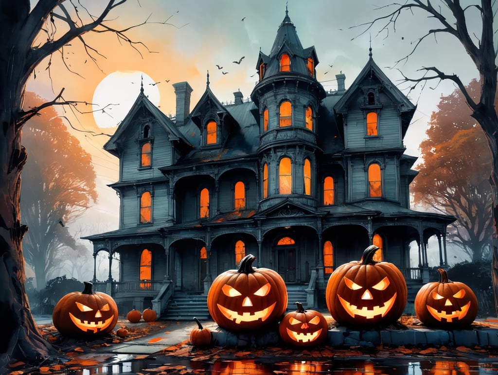 Spooky Halloween scene with a large, dilapidated Victorian mansion with a tower and a porch, lit from within, and several carved pumpkins with scary faces in the foreground.