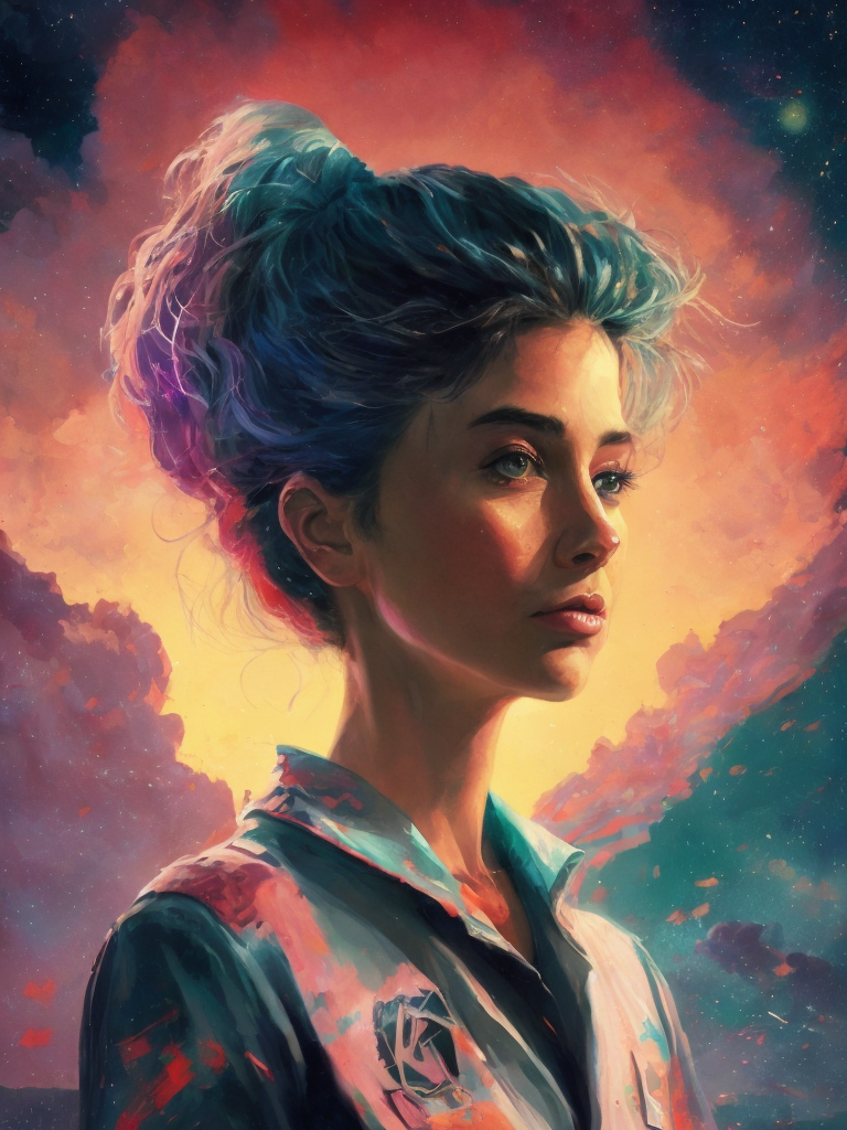 a space explorer, sailor moon, evangelion, female, beautiful, cumulonimbus colors, glitched face portrait, Painting, Illusionistic Realism style, naturalism, Oil on Canvas, brushstrokes, vibrant colors, by Ivan Aivazovsky and Simon Stålenhag