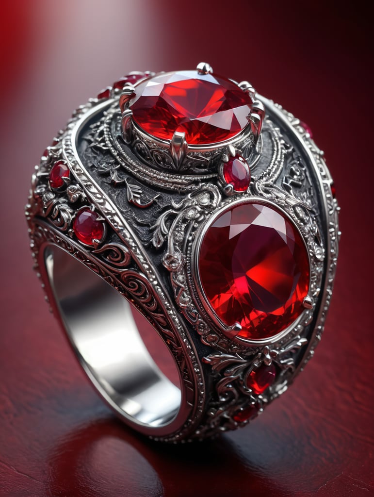 Royal silver ring with ruby, fantasy style, bright red background, rich colors, contrasting light, deep colors, high details