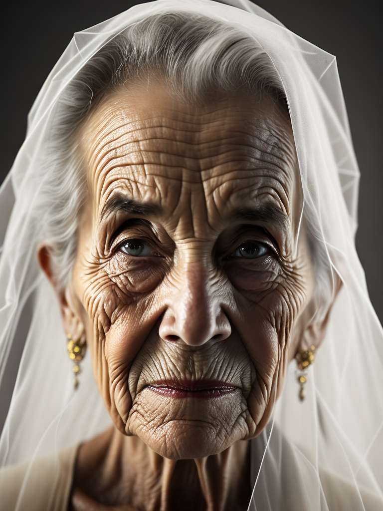 An ultrarrealistic photo of a beautiful woman seat, over 85 years old, sad look, only covered by a transparent white flowing veil, soft light, side light, white background, perfect skin folds