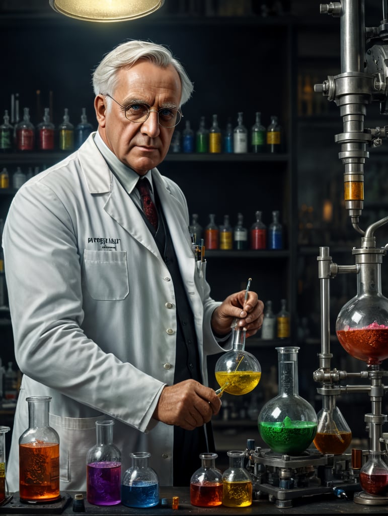 Alexander Fleming in a lab mixing chemicals and looking at the camera