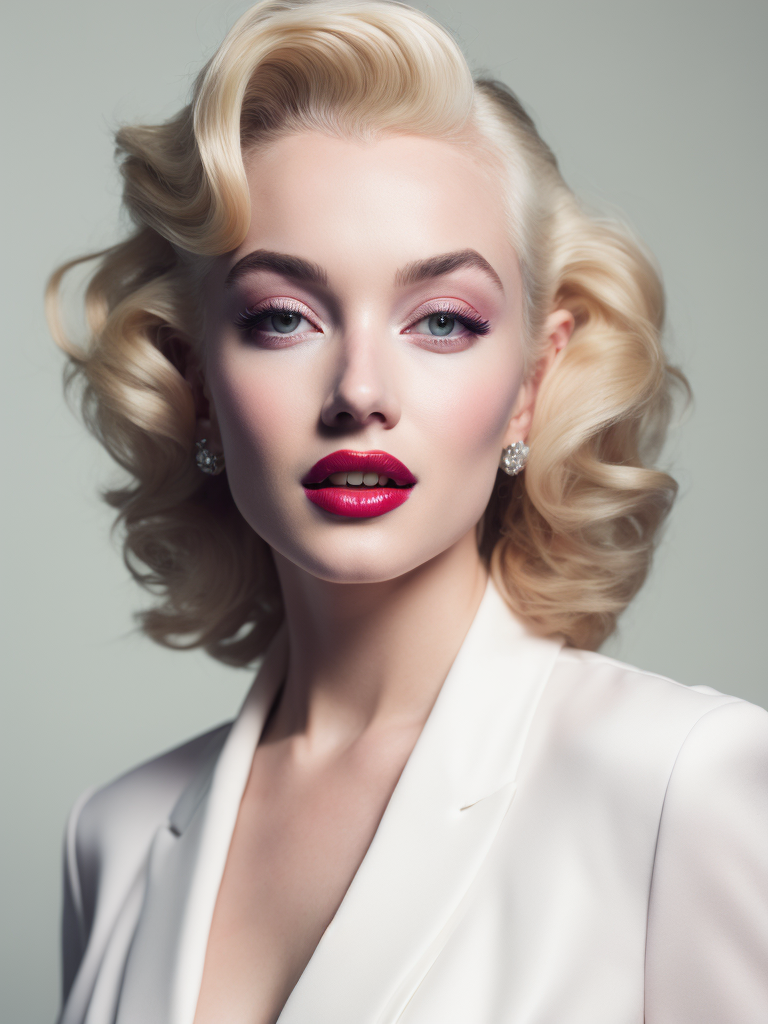 Portrait of Marilyn Monroe, ultra realistic, blonde hair, white dress, bright makeup, gradient background,
