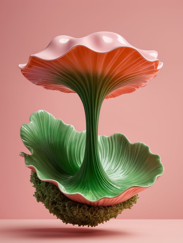 a singular object, floating in mid air, trippy, looks like a seaweed porcelain, structure, gloss, otherworldly, nature, photorealism, y2k, rave, plain pink colour background, light green, pinks, orange, baby pink
