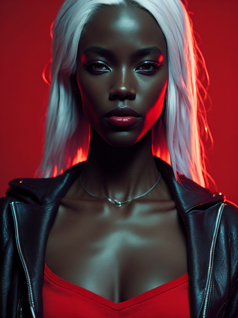 black girl on a red background, red light reflection on her face, White hair