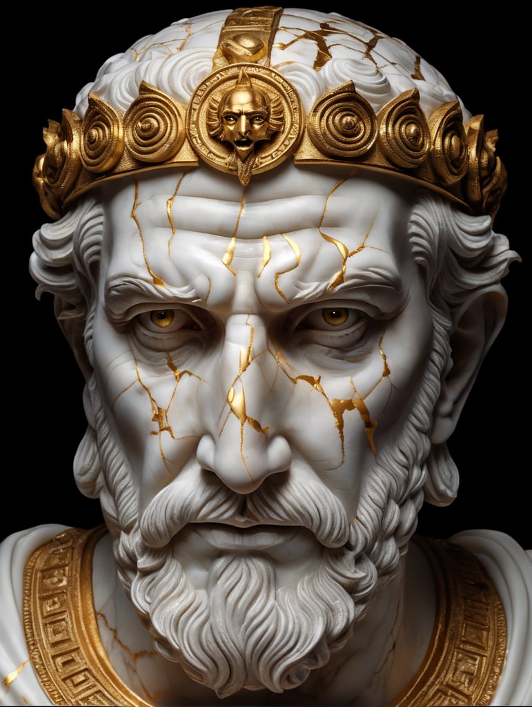 A cracked white marble sculpture of a Greek God head with gold inside, studio lighting, dark background