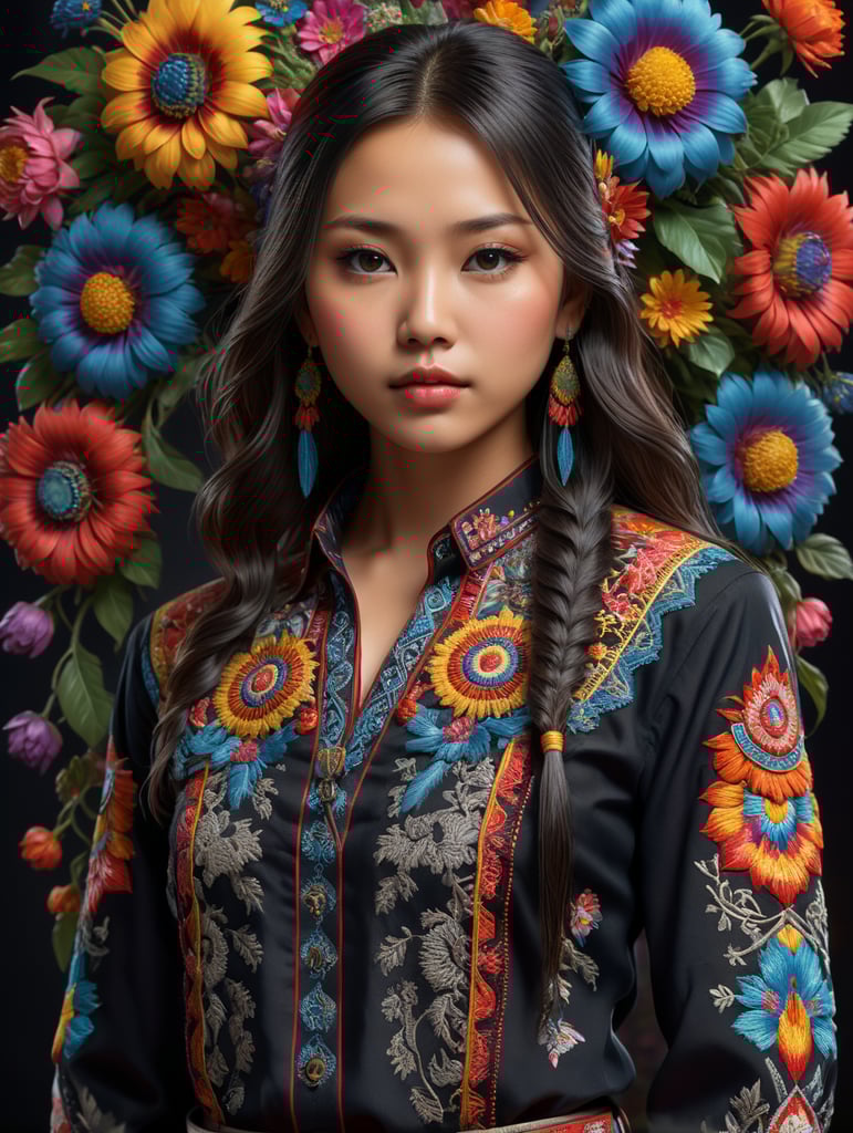 A young Japanese native American girl stands proudly in his traditional embroidered shirt, surrounded by vibrant colors and intricate patterns. The 8K Ultra HD resolution captures every detail of his outfit, from the delicate stitching to the rich textures. With the use of octane render, this 3D image comes to life in a stunning isometric view.