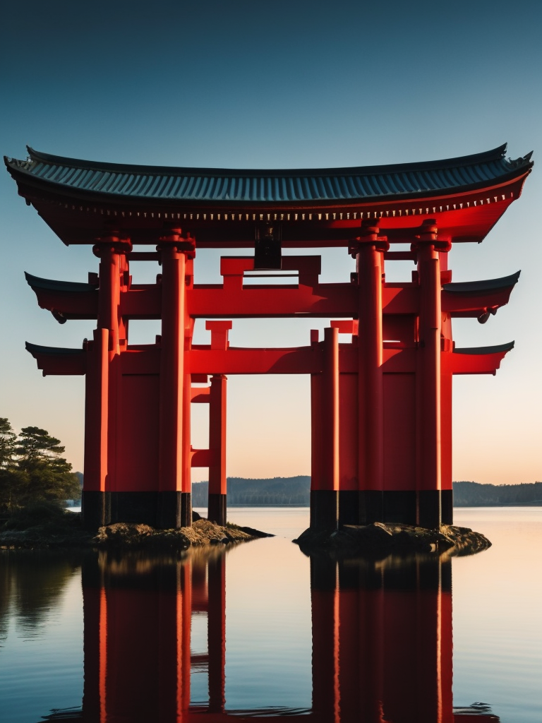 Red torii gate in middle of a lake, Dense forest on the edge of the lake, Bright and saturated colors, Japanese culture, photorealistic, contrast light