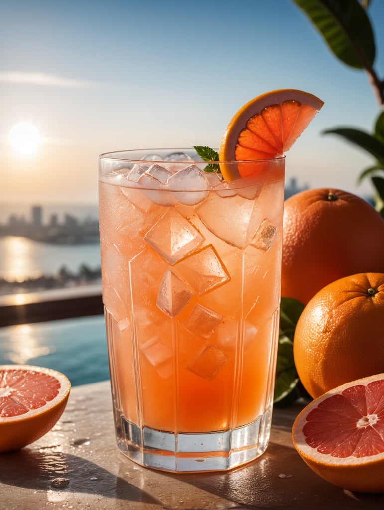 Grapefruit juice cocktail, with ice cubes in the glass and a salt rim, amazing photo, very realistic, elegant and tasty, photography, condensation, f2.8, 50mm lens, intricately detailed, 8k, cinematic production, highly detailed, highly realistic, sunny mexico in the background