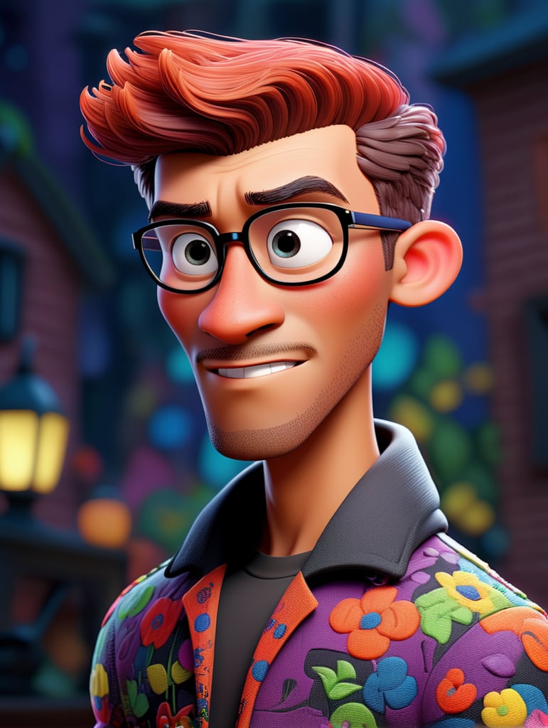 Beautiful black man with straight hair combed to the side, wearing square black glasses, wearing a colorful, vibrant and detailed embroidered jacket, using a computer, Disney Pixar 3d style image