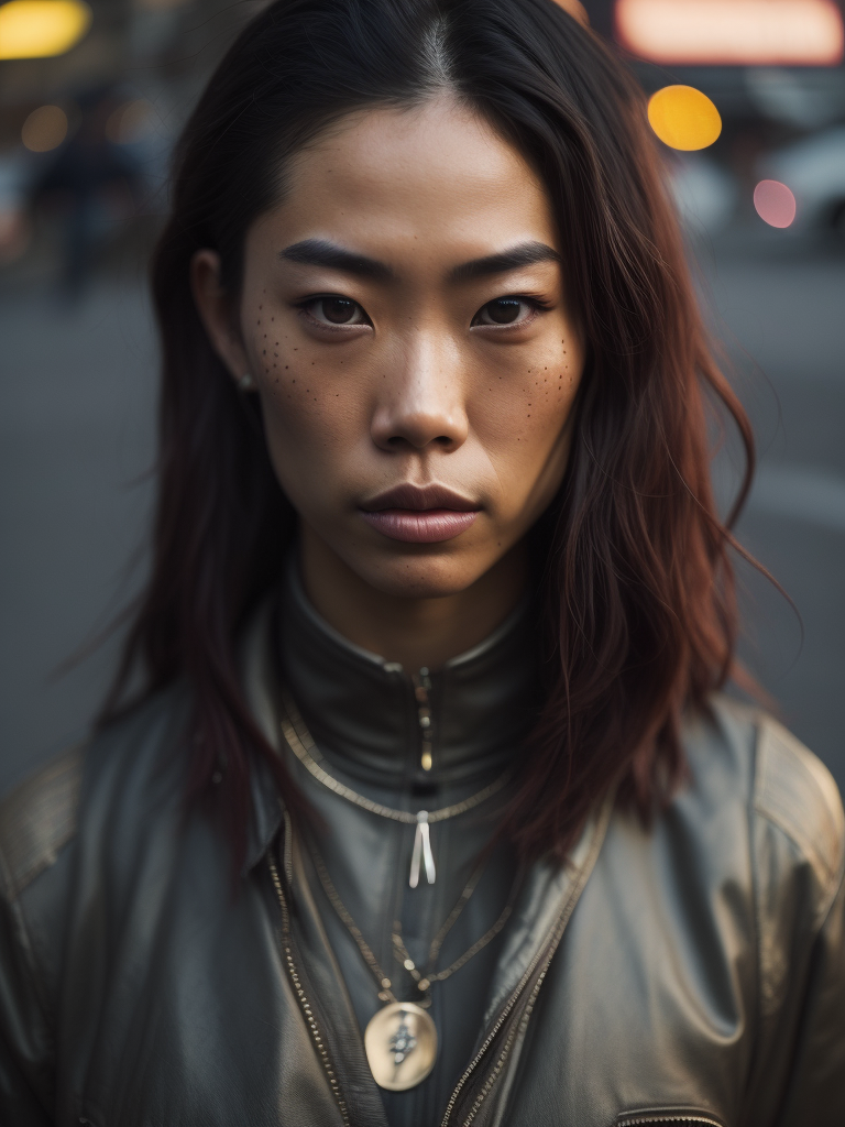young Asian female street racing enthusiast, freckles, fashion, American muscle cars, in street race meet in LA, in the style of Hiphop art sensibilities, muscle cars, tattoos, drugcore, delicacy of touch, caffenol developing, letterboxing, coloured lights, Sacha Goldberger, psychedelic realism, ultra detailed, gloomy metropolises, mallgoth