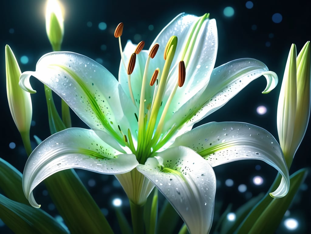 bioluminescent white flower Lily, hyper detailed rendering, 4k, magic light, neon watercolours