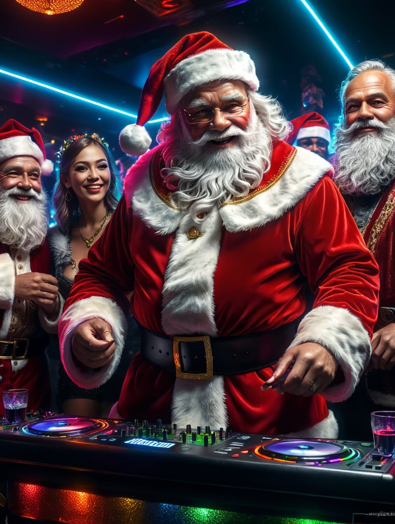 Santa Claus at a nightclub, party with Santa, Dj Santa, neon lightings,