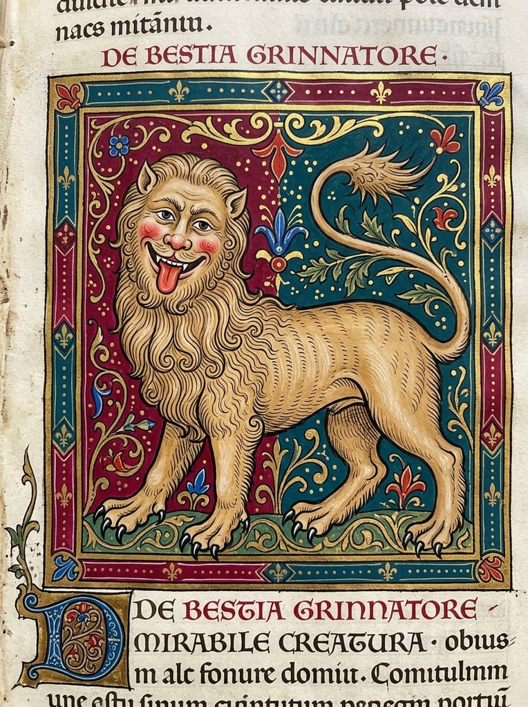 A medieval illuminated manuscript drawing of a tan, lion-like beast with a grinning human face, sticking-out red tongue, and rosy cheeks, featuring stylized wavy fur and sharp black talons against a flat, color-blocked backdrop of deep teal and crimson.