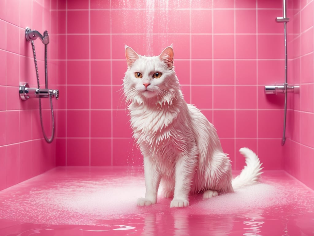 Happy wet cat with full body and tail in a very large shower room. Lots of bubbles and foam. Pink background. Panoramic