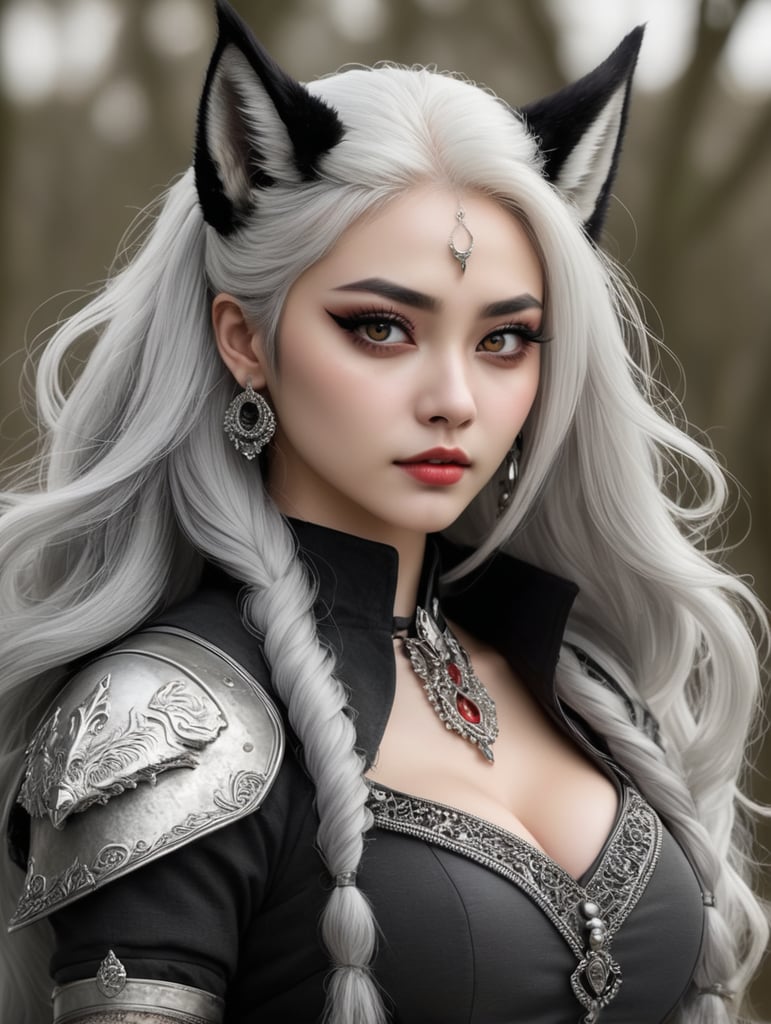 Loona is a hellhound with a wolf-like appearance, She has a pointed, dog-like muzzle with sharp and pointy teeth, and a dark grey nose, Her eyes have red sclera with white irises, and she wears grey eye shadow and black winged eyeliner for makeup, She also has a piercing on her right eyebrow with a black hoop for jewelry, Her fur is white with grey countershading encircling her face, grey patches on her shoulders, and long, voluminous silver hair swept to the side to reveal her dark grey ears - the left of which is pierced with two small, black hoop earrings, while the right is ragged, She has a large, dark grey bushy tail with white on the underside.