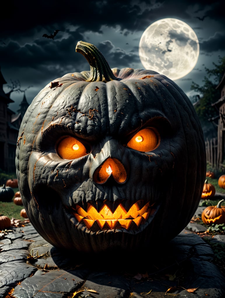 Halloween pumpkin photorealistic illustration, scary, dark