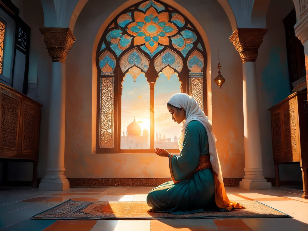 In a softly lit room, a muslim woman kneels in prayer, her face bathed in the warm, golden glow of the setting sun. Before her, an open Quran rests on a prayer rug, and she reaches out to touch the page gently. Her expression is one of serenity and deep contemplation as she embarks on her journey to faith, embracing Islam with an open heart