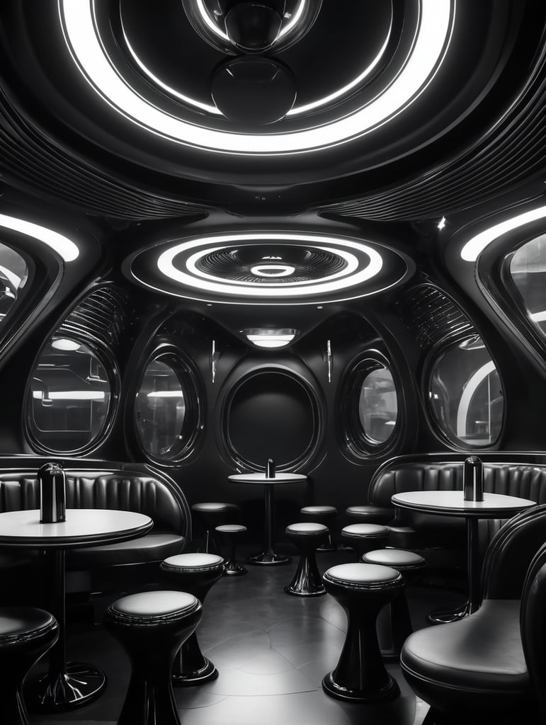 Futuristic interior of UFO cafe. Alien interior, black tones