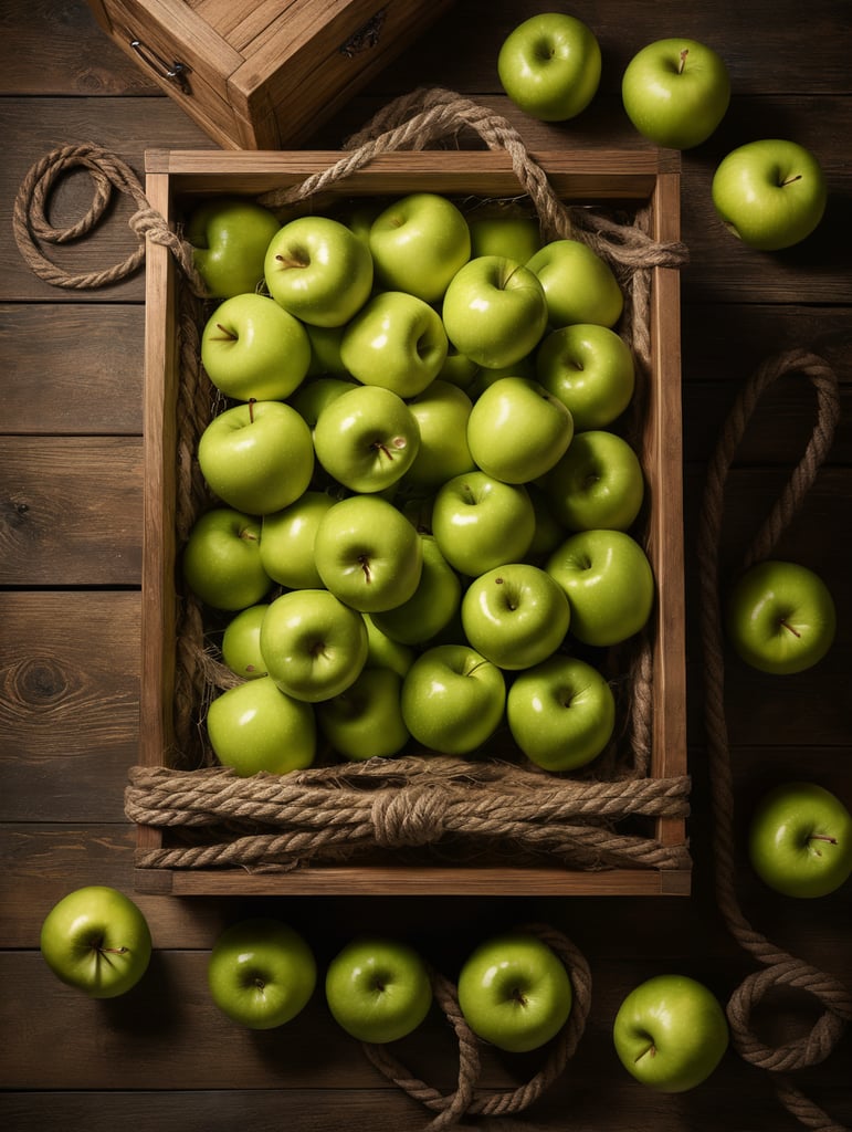 Top view. A brown wooden box filled green apple, a box with thick rope handles, lies on a wooden table, studio lighting, the green apple have high-quality peel, Photo from above, top view, highly detailed photo, high quality photo, studio photo