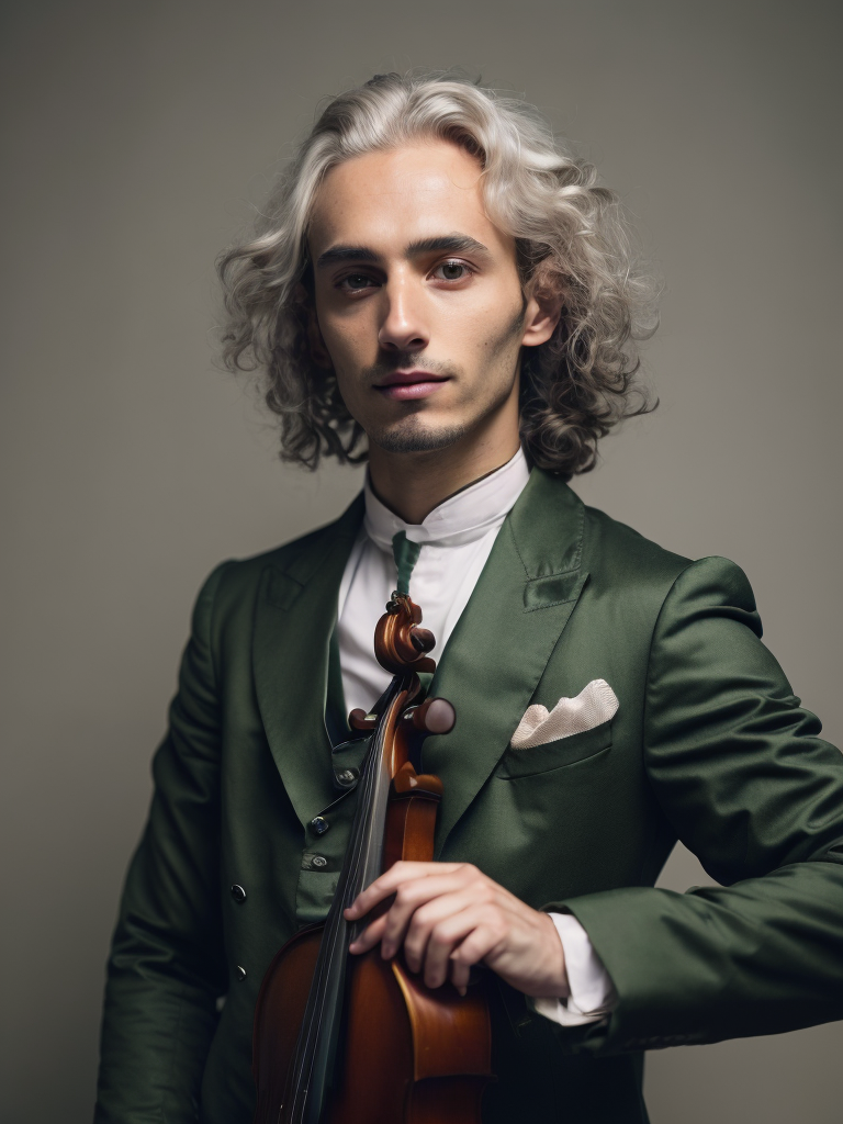 Antonio Lucio Vivaldi with a violin, in a 18th century green suit, Detailed image, detailed face,