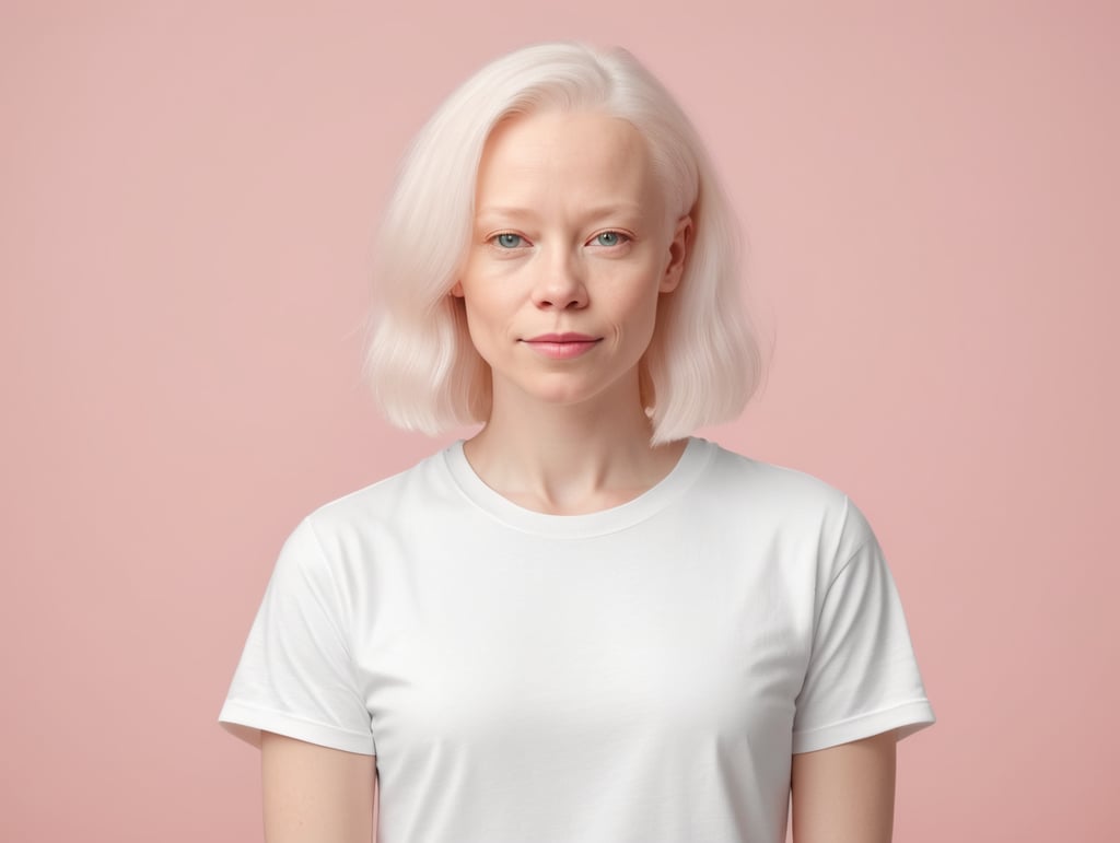 A middle-aged albino girl wearing a white T-shirt, isolated, pink background, mockup, mock up