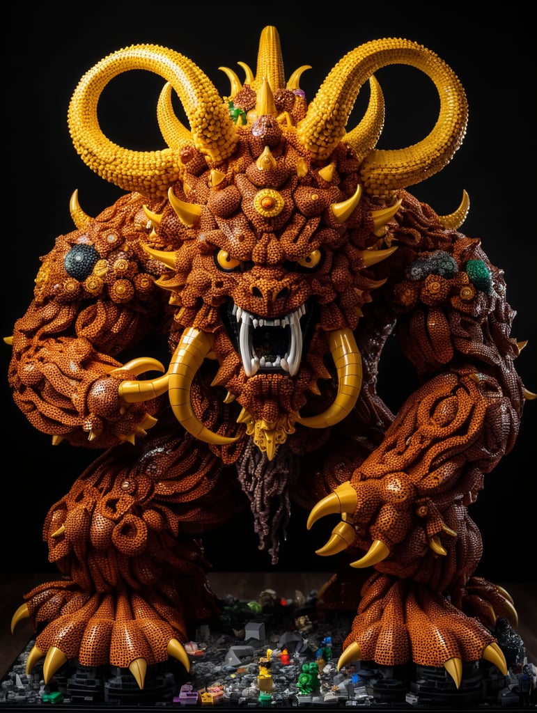 Une grande figurine du démon Lovecraftien Azathoth entièrement constitué de pièces de LEGO, fond noir, photo studio