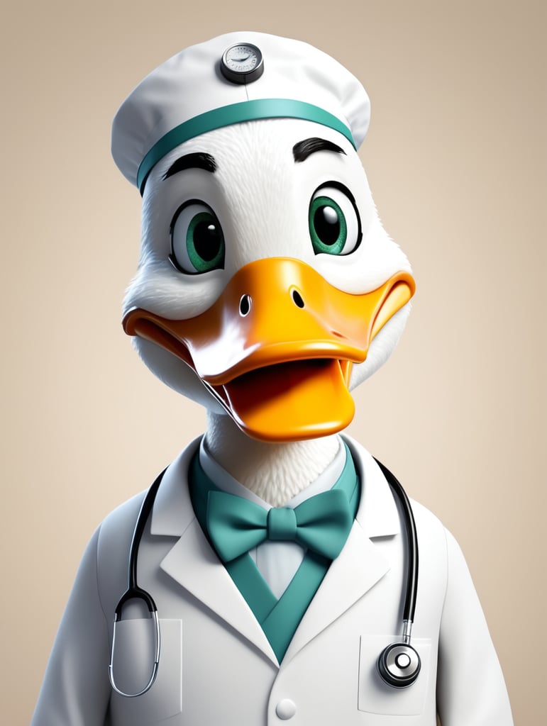 Generate a image of a duck being doctor, animated, solid background