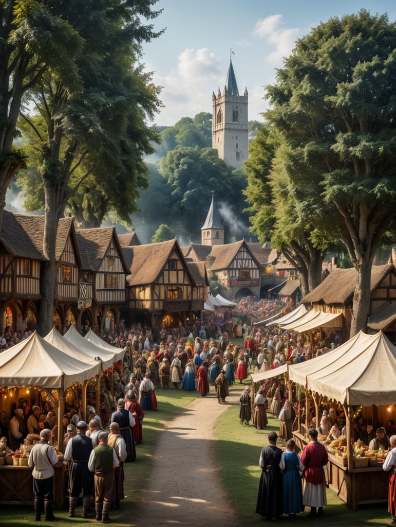 A medieval-inspired creative concept is depicted in a tilt-shift photograph capturing the joyful ambiance of a village fete and fair