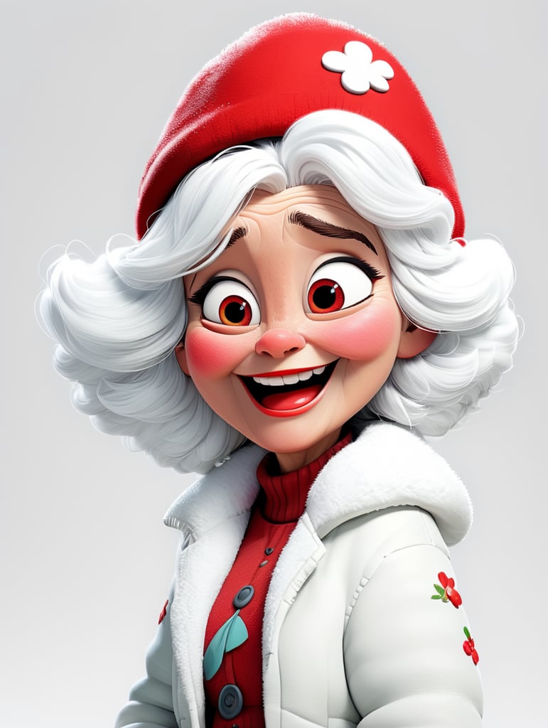 a happy young women with white hair and red hat on his head is wearing a white fluffy jacket, isolated, white background