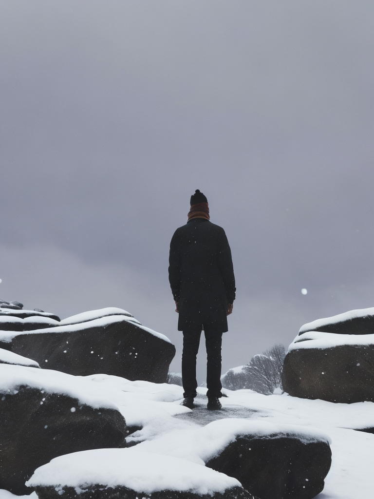 This artwork by George Wilson is a stunning drawing of a person standing in front of a snow-covered landscape of stones and sky.
