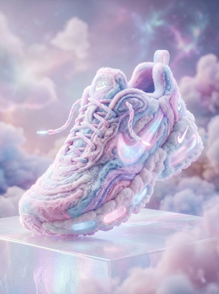 Nike sneaker concept, made out of cotton candy clouds , luxury, futurist, stunning unreal engine render, product photography, 8k, hyper-realistic. surrealism