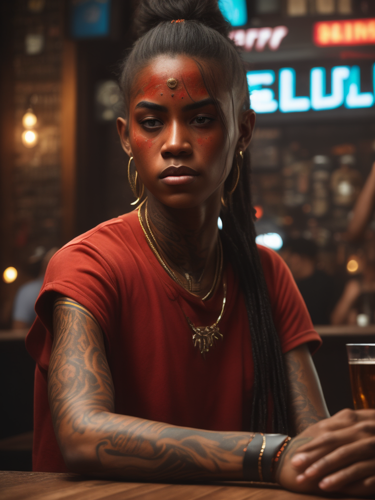 beautiful indigenous teen girl, tattoos, gang member, red shirt, in a bar, piercings