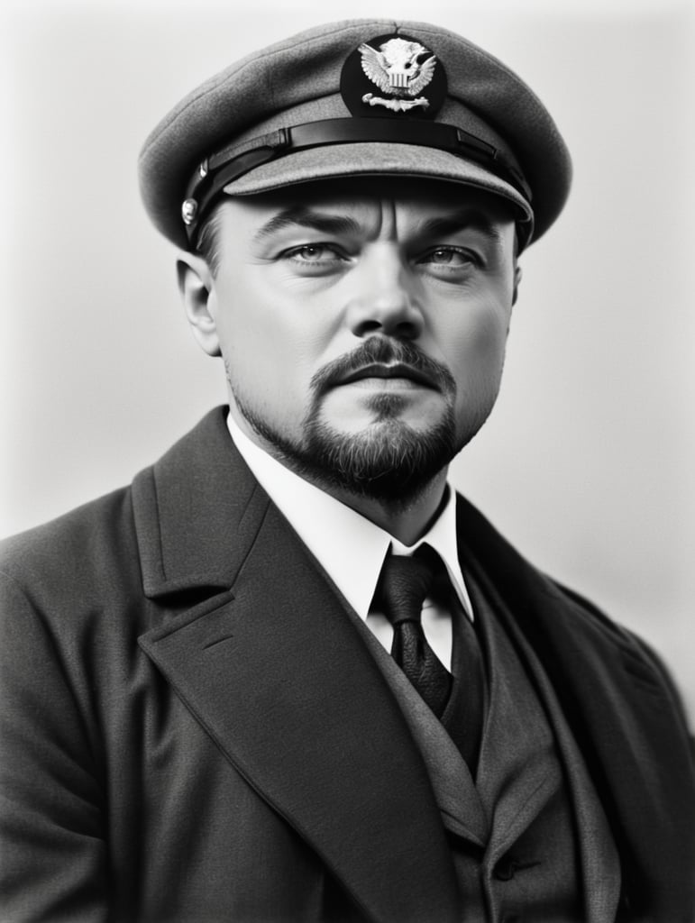 Closeup Portrait of Balding Leonardo DiCaprio as Lenin, ((Balding)), (Circle beard), Muted colors, Dressed in a gray three-piece suit and gray coat, Professional shot, High quality, 1920s, Lenin haircut,