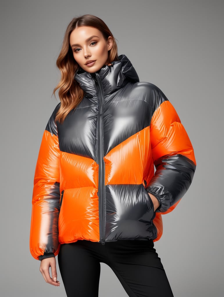 Inflatable vibrant orange minimalist women's puffer jacket, transparent, isolated, grey background, mockup