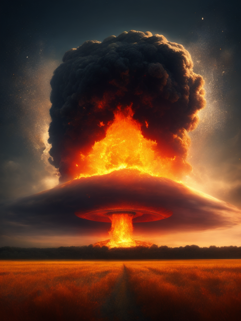 Dramatic Nuclear explosion, empty field, realistic image, lots of details