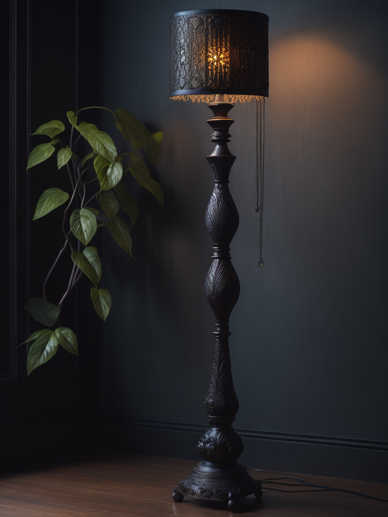 wooden floor lamp, carved black wood, decorated with gems