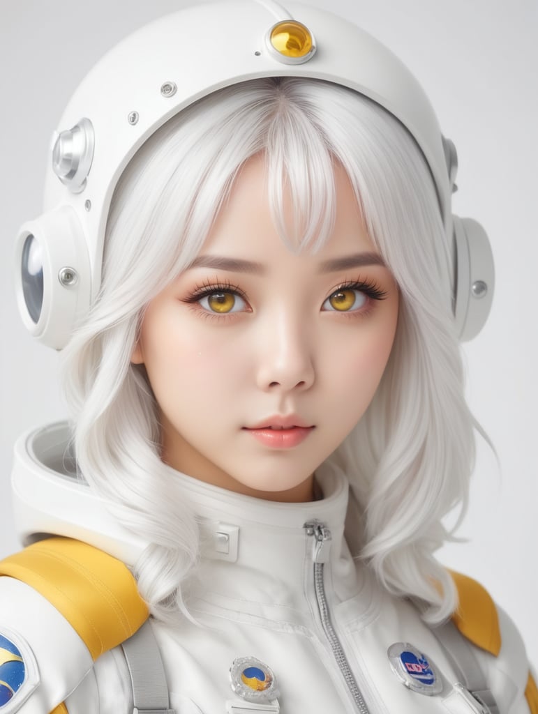 Asian girl, Anime girl, beauty queen, white hair, astronaut suit, tanned, cute, model, big yellow eyes