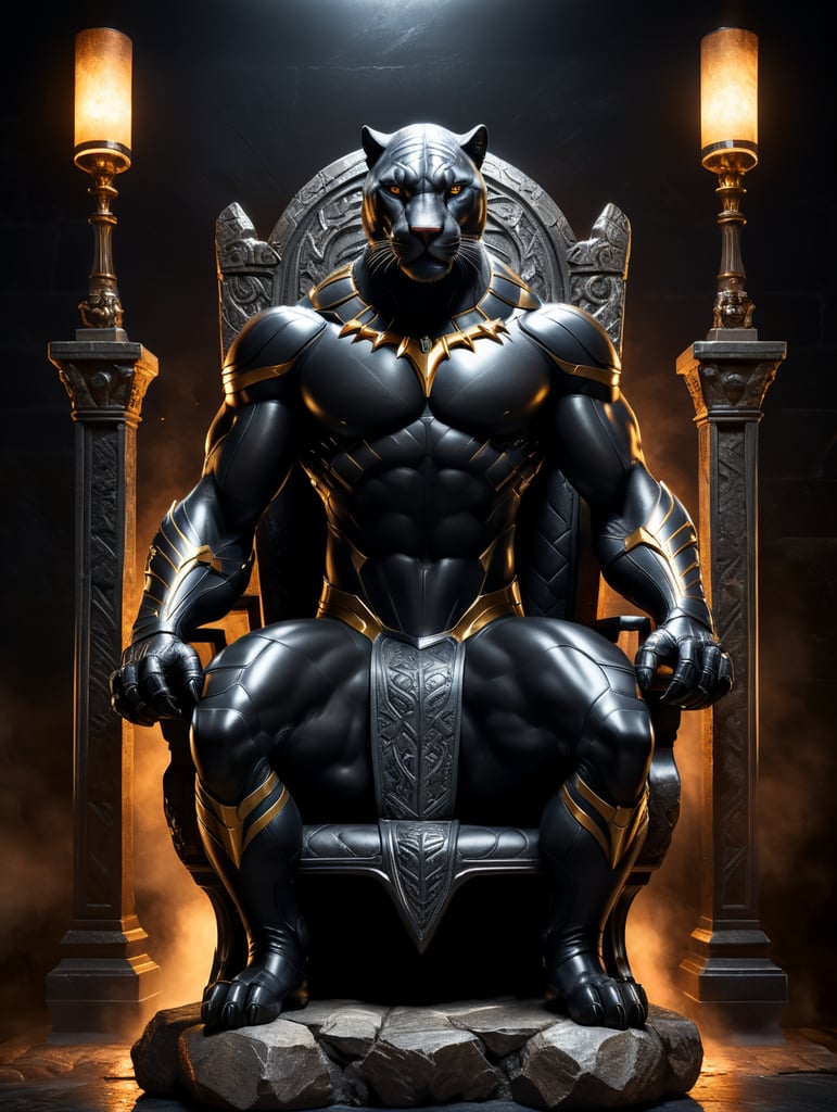 Panter Like Syper Hero setting in a beautiful modern stone chair, studio shot, black background, studio light, hyper realistic, hyper detailed