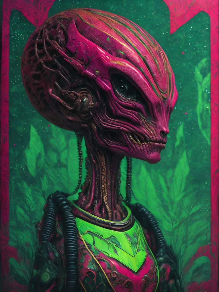 Portrait of an alien, batik, intricate details, surreal, Alien, Cyberpunk Trashcore Style, green crumson and pink, s 1000