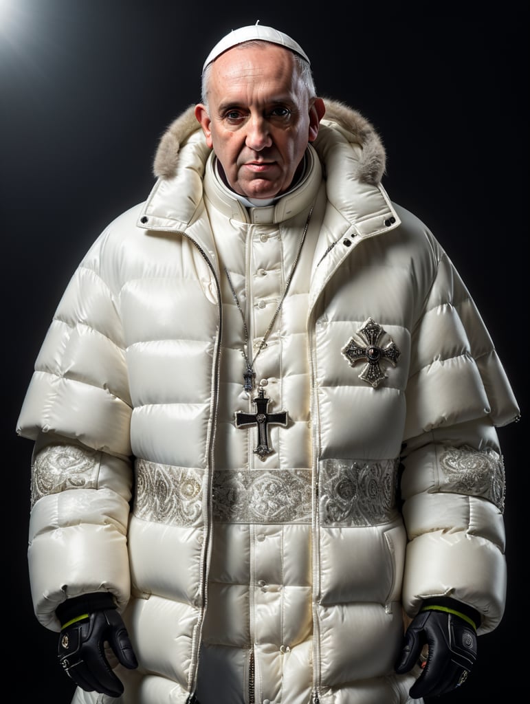 Professional photo glamour of Pope Francis looking stylish in a white puffer jacket