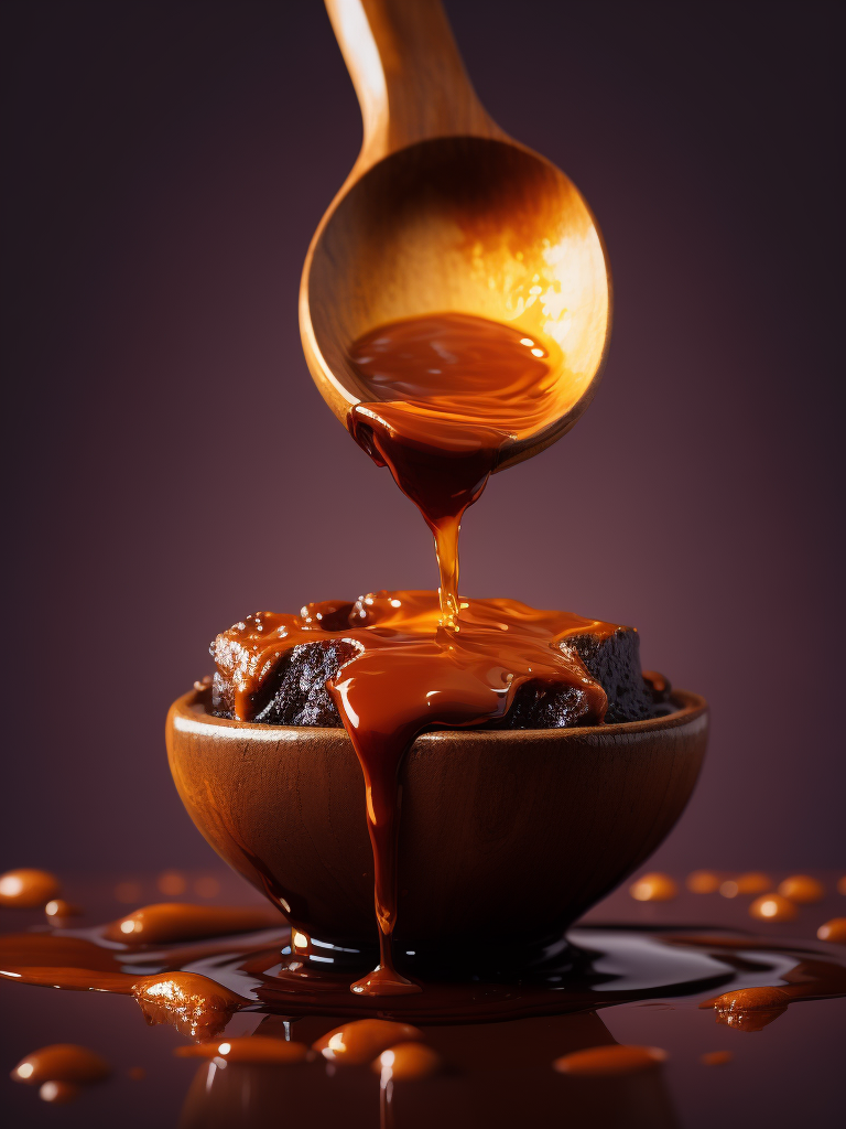 a photo of honey from the wooden spoon going down on the melted chocolate, deep purple background, deep atmosphere