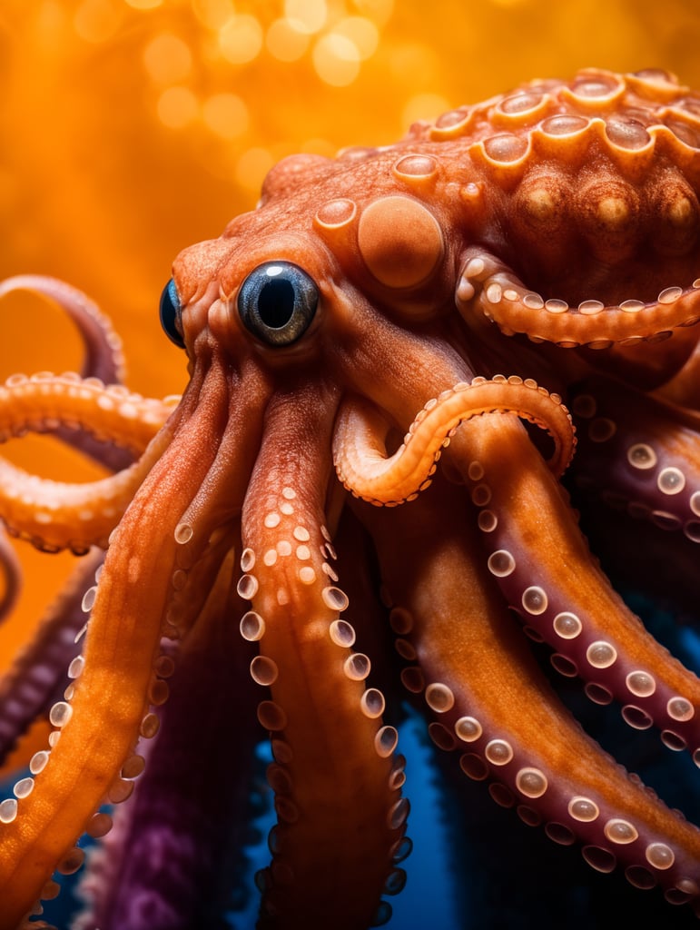 Octopus photography, extreme close up of an octopus showing its tentacles in a blue background, in the style of darkroom photography, orange and magenta, fluid simplicity