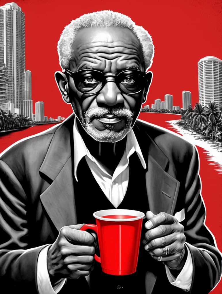 Miami black old man holding a red cup eye-catching poster-style drawing and illustration representing the iconic pulp style.