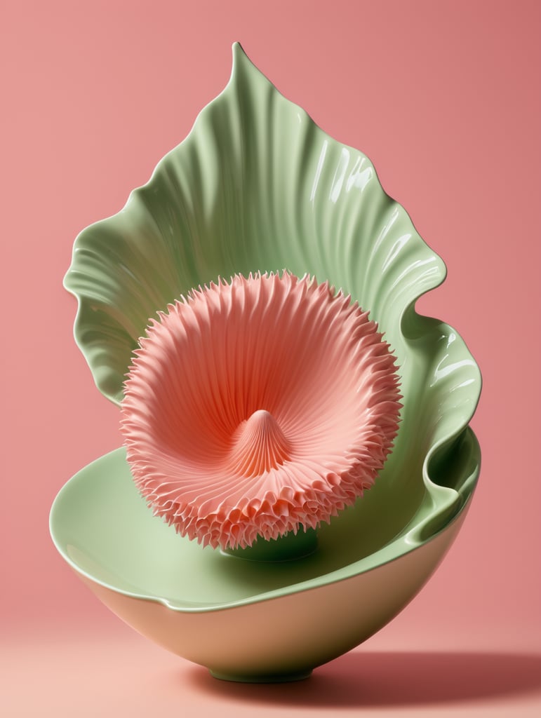 a singular object, floating in mid air, trippy, looks like a seaweed porcelain, structure, gloss, otherworldly, nature, photorealism, y2k, rave, plain pink colour background, light green, pinks, orange, baby pink