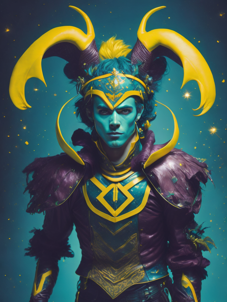 an original illustration by guy ym, in the style of vibrant color scheme, cosmic jester, teal and yellow, stylish costume design, multidimensional layering, duckcore, neon color palette