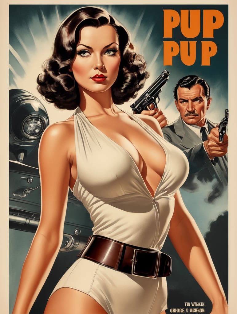 This artwork of a women by George Wilson is an eye-catching poster-style drawing and illustration representing the iconic pulp style.