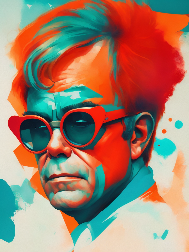 Portrait of Elton John with star-shaped glasses, Against a bright gradient, Vivid saturated colors, Contrast color